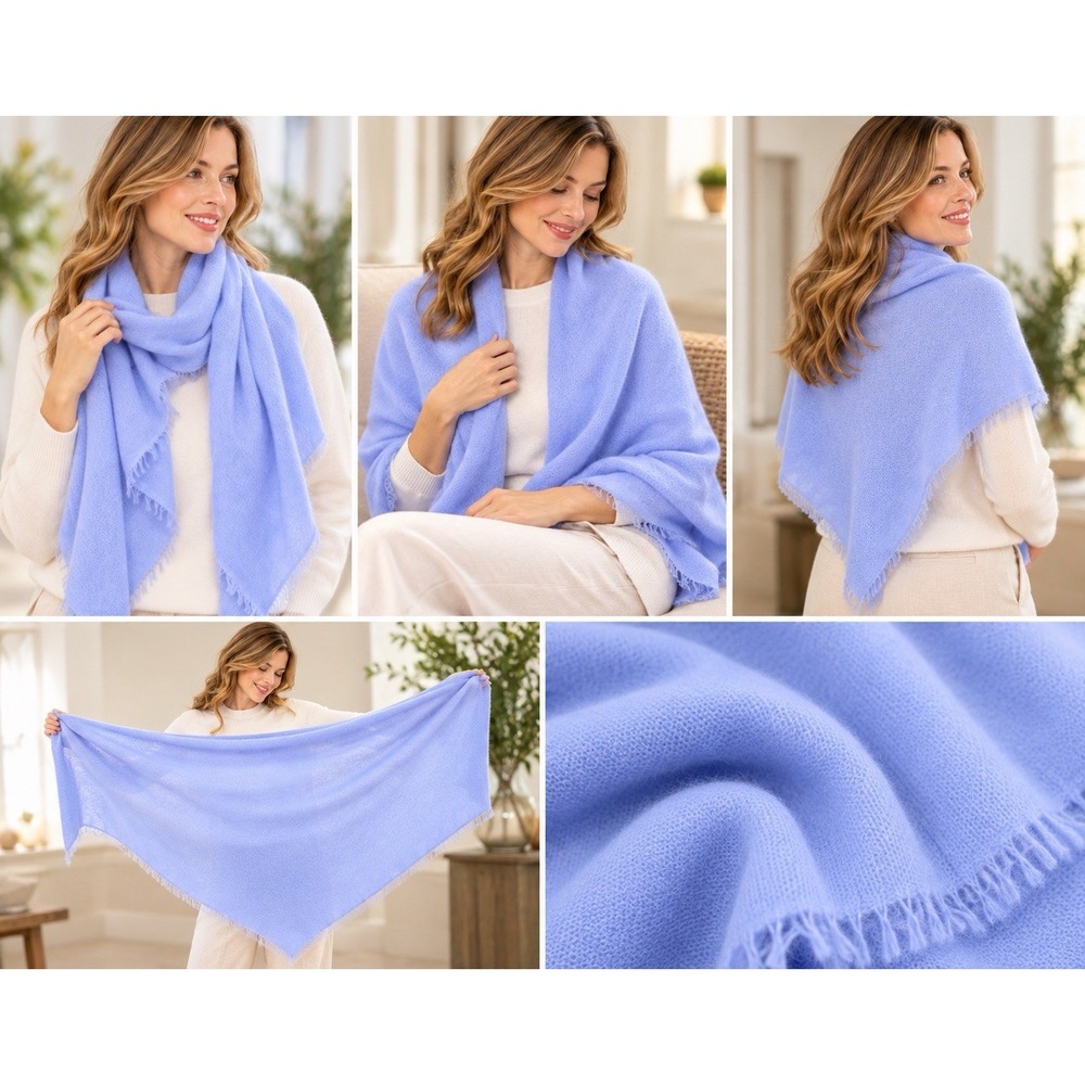 Ovcio CloudPuff 100% Cashmere Scarf Cornflower Blue Diamond Wrap Shawl NWT